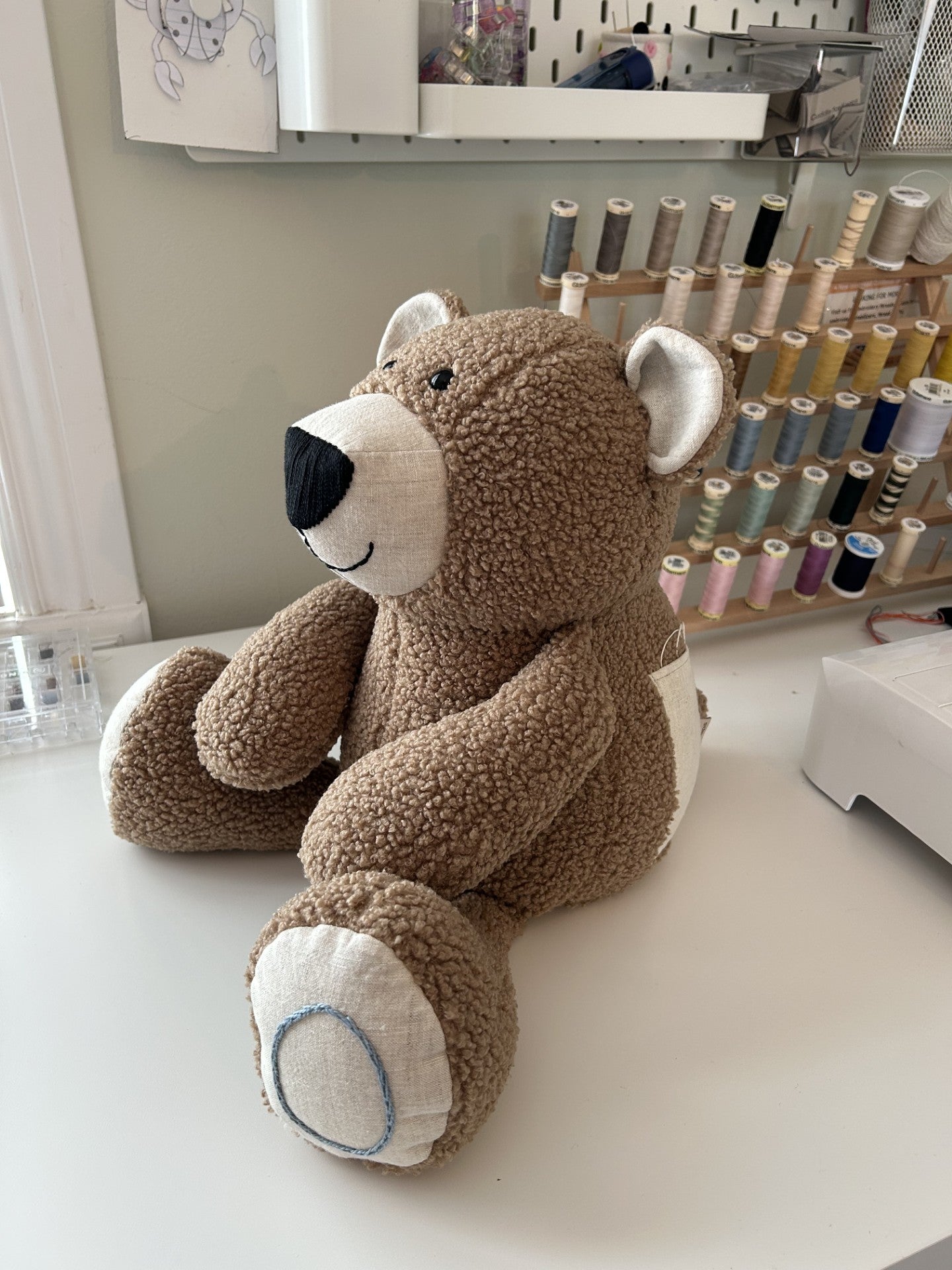 Cappuccino bereavement bear with grey blue embroidery