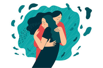 An illustration of two women embracing one another to provide comfort