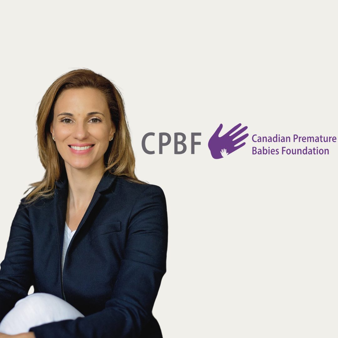 Fabiana Bacchini smiling beside the Canadian Premature Babies Foundation logo