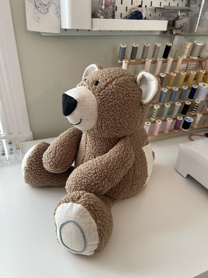 Cappuccino bereavement bear with grey blue embroidery
