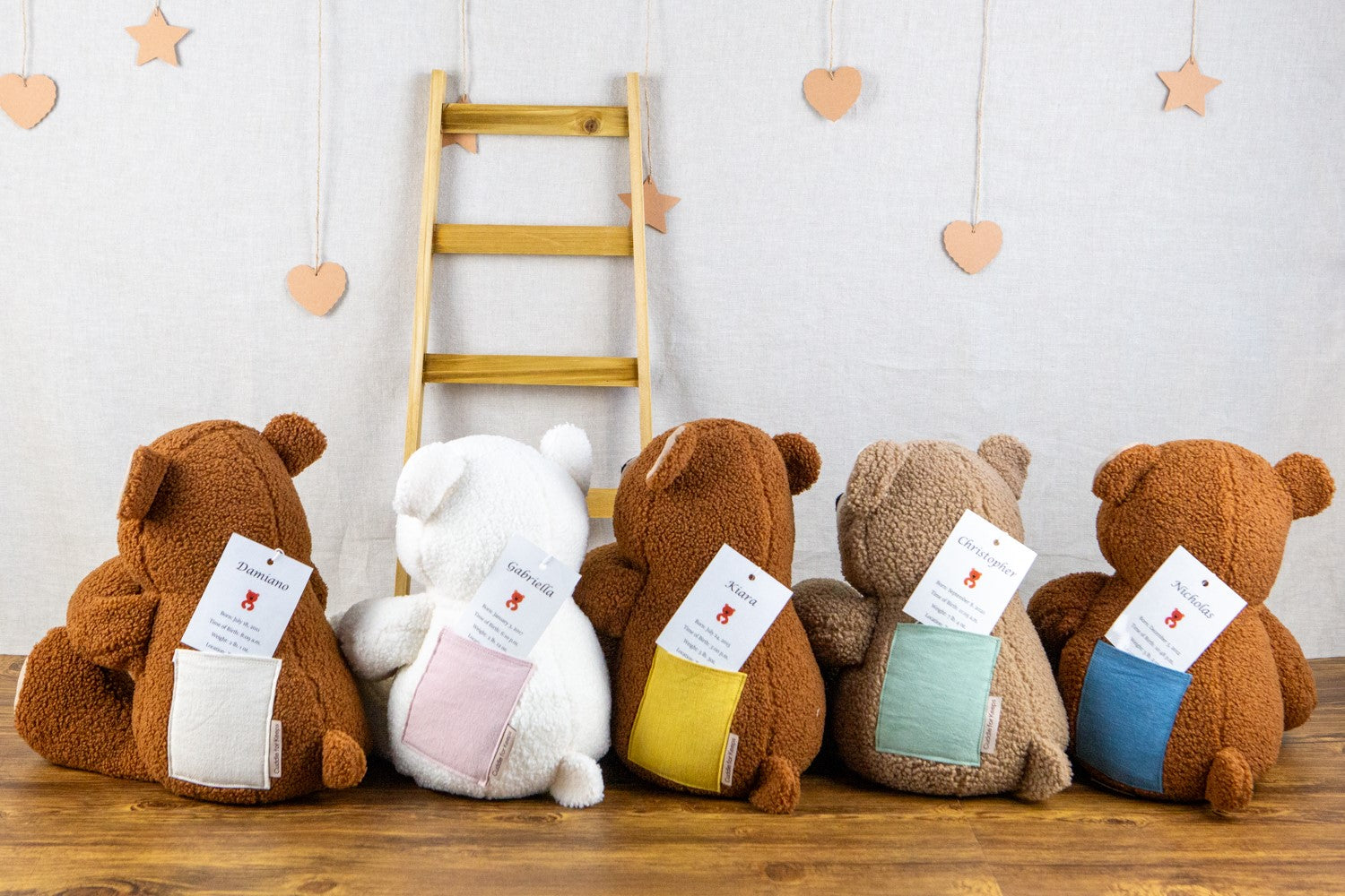 Bereavement Bears with linen pockets and unique birth stats